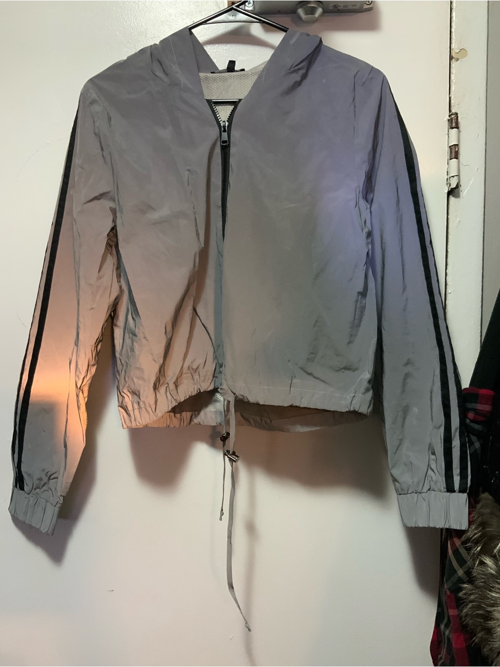 Fashion Nova Light Gray Hooded Bomber Jacket with Black Sleeve Stripes